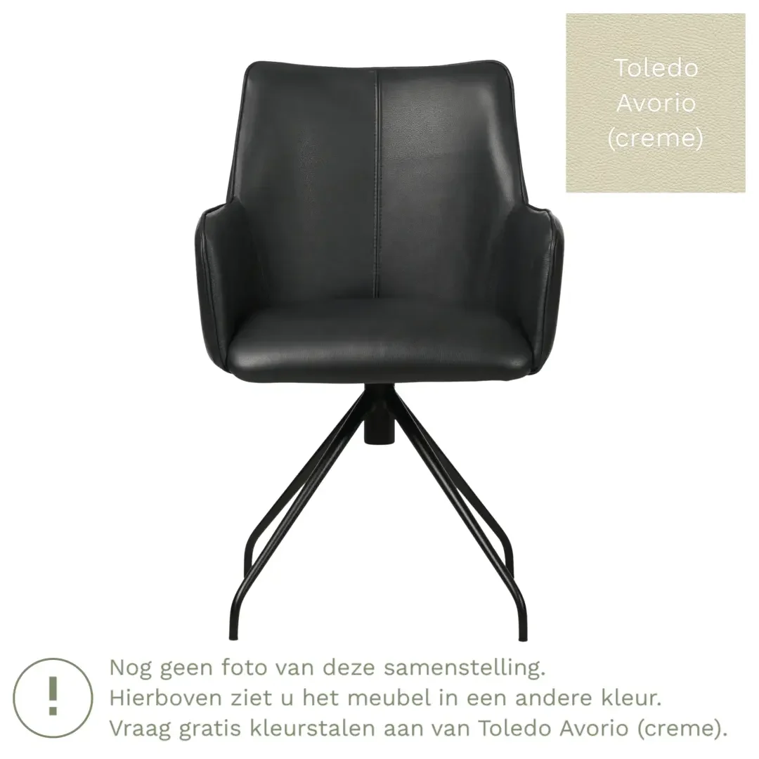 afbeelding van Leren draaibare eetkamerstoel Wave - Toledo Avorio (crème) - Spinpoot staal rond zwart