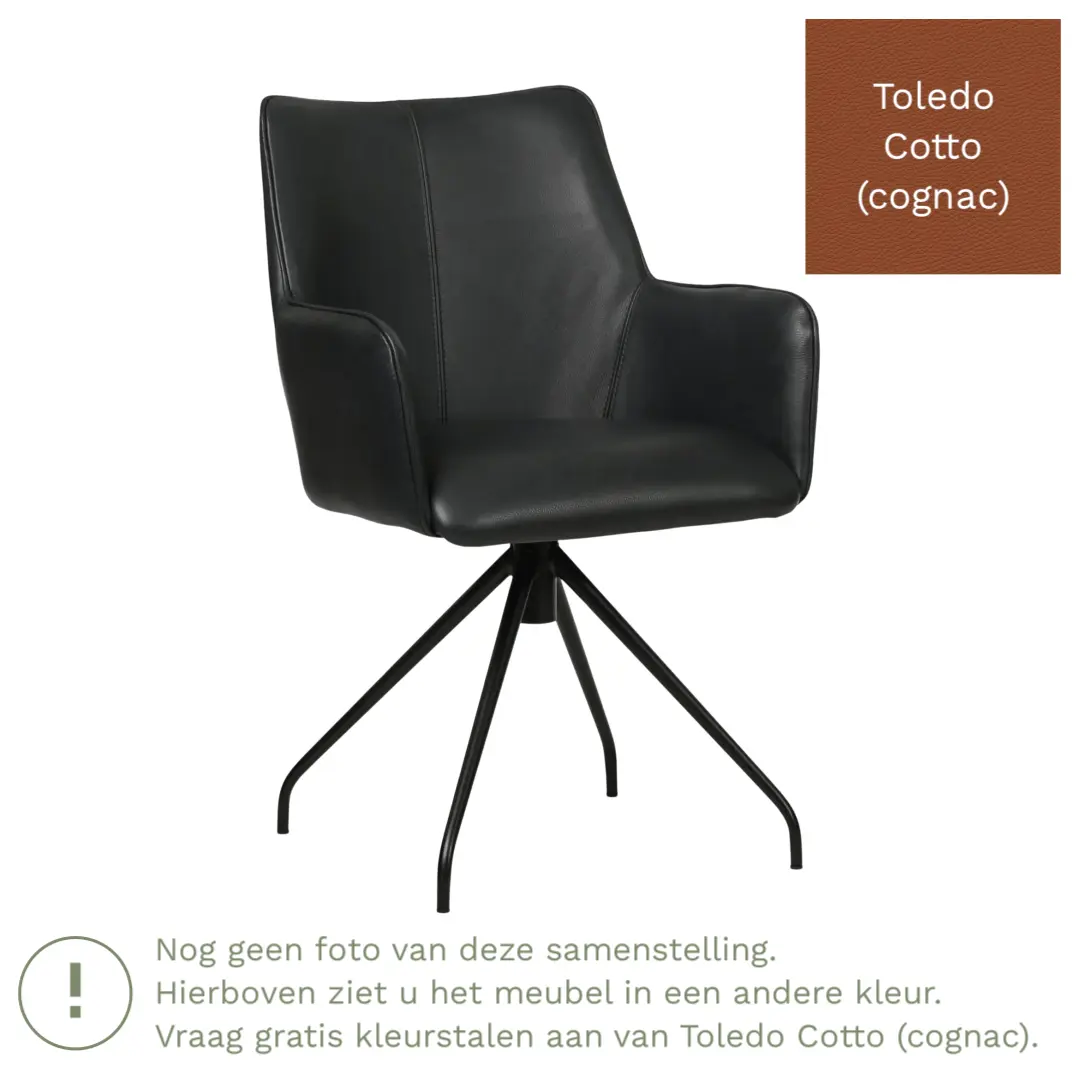 afbeelding van Leren draaibare eetkamerstoel Wave - Toledo Cotto (cognac) - Spinpoot staal rond zwart