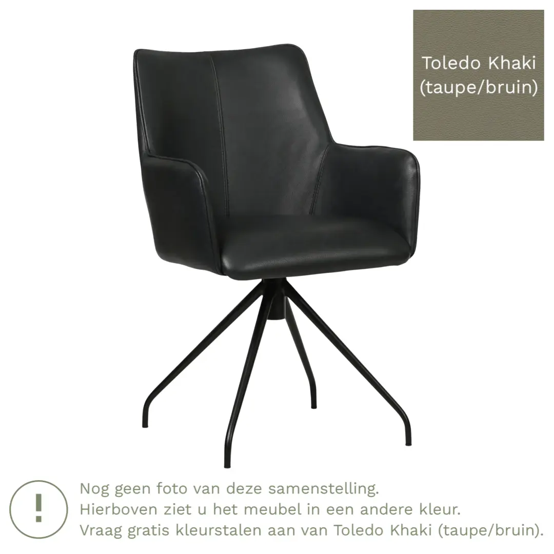 afbeelding van Leren draaibare eetkamerstoel Wave - Toledo Khaki (taupe/bruin) - Spinpoot staal rond zwart