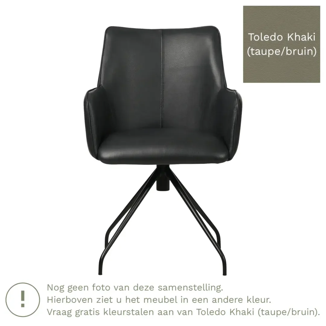afbeelding van Leren draaibare eetkamerstoel Wave - Toledo Khaki (taupe/bruin) - Spinpoot staal rond zwart