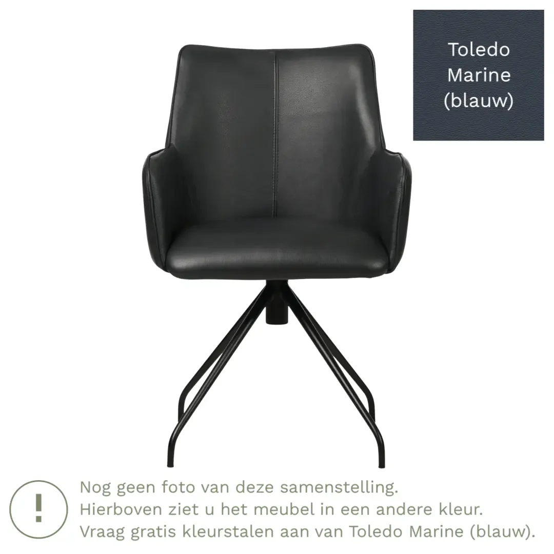 afbeelding van Leren draaibare eetkamerstoel Wave - Toledo Marine (blauw) - Spinpoot staal rond zwart