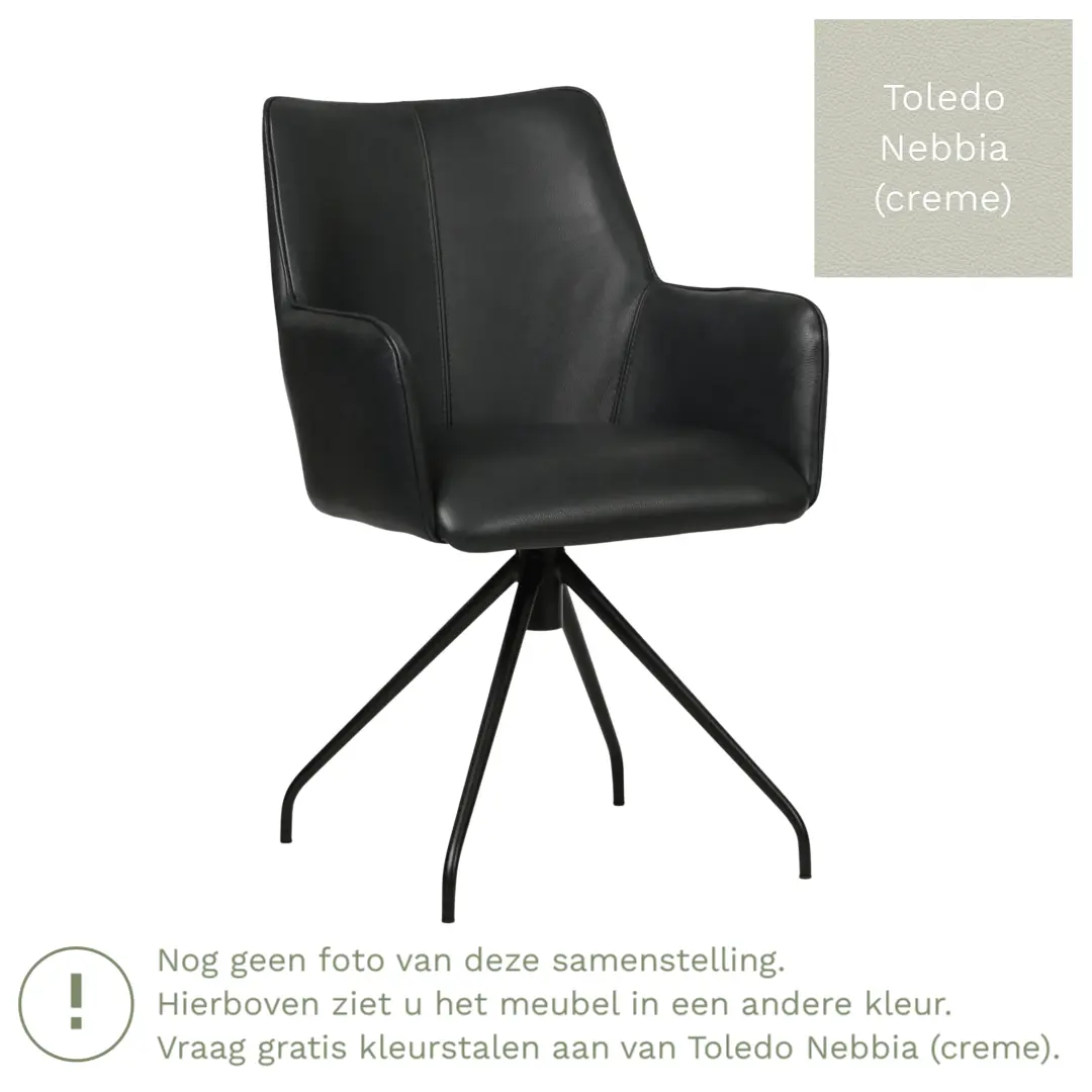 afbeelding van Leren draaibare eetkamerstoel Wave - Toledo Nebbia (crème) - Spinpoot staal rond zwart