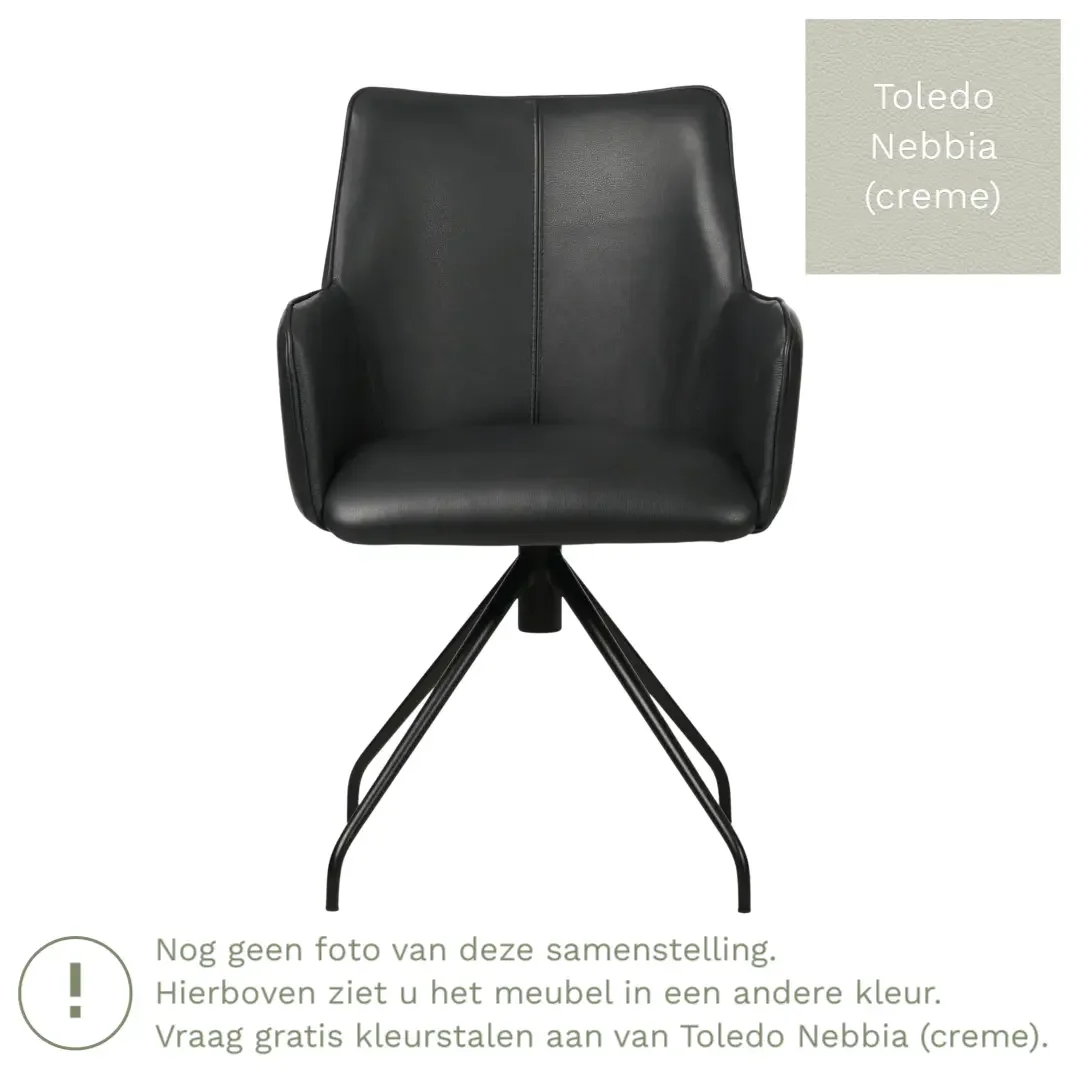 afbeelding van Leren draaibare eetkamerstoel Wave - Toledo Nebbia (crème) - Spinpoot staal rond zwart