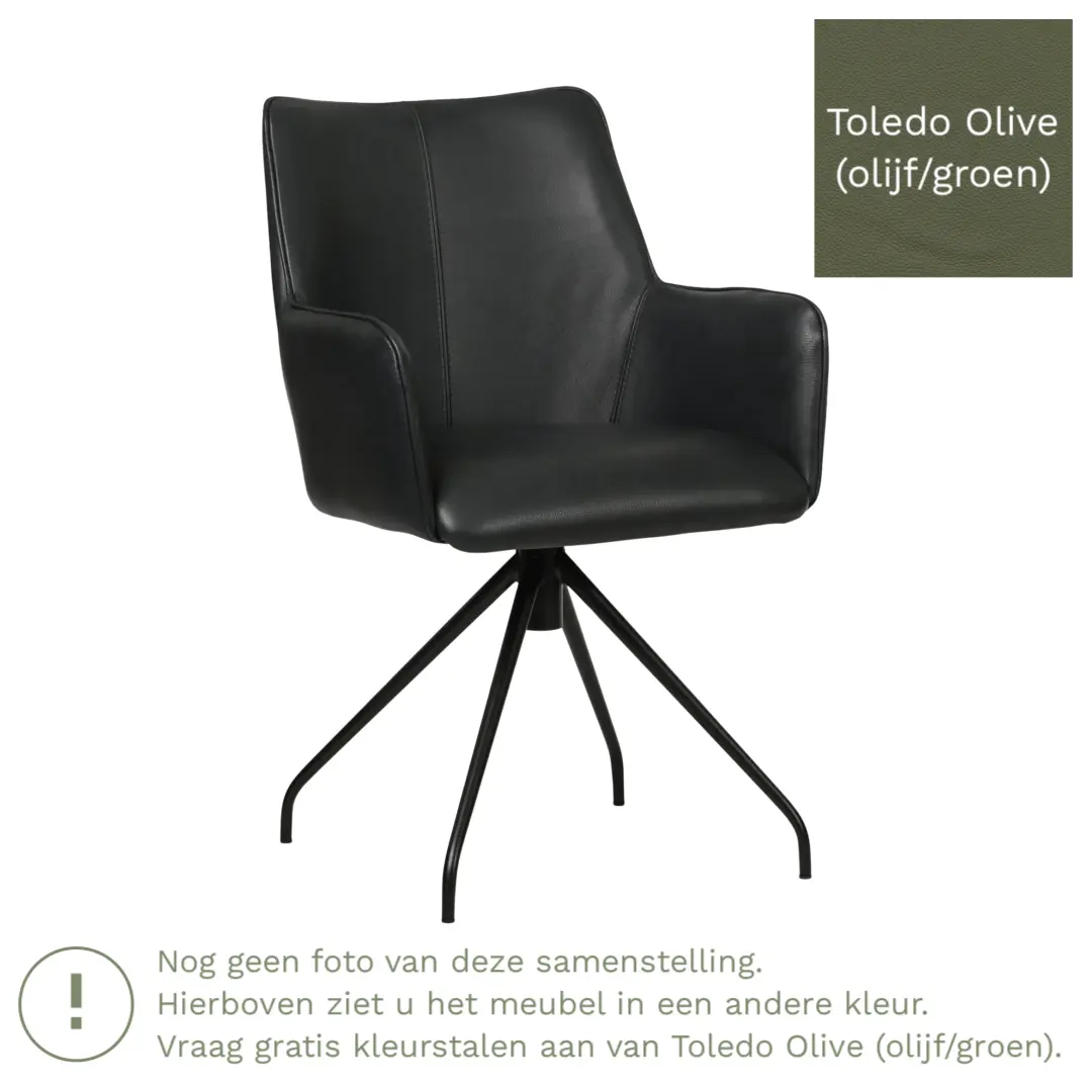 afbeelding van Leren draaibare eetkamerstoel Wave - Toledo Olive (olijf/goen) - Spinpoot staal rond zwart