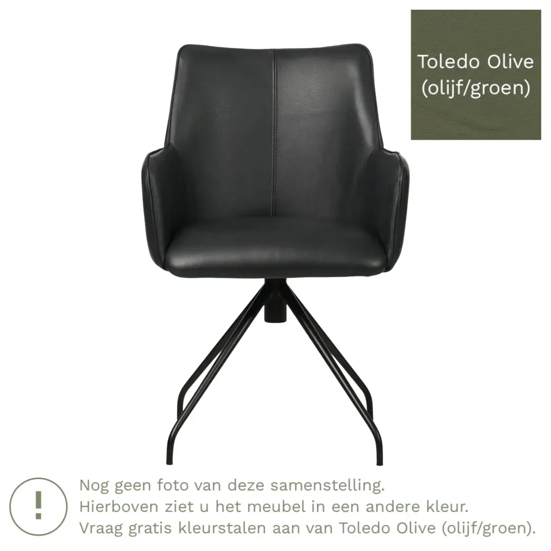 afbeelding van Leren draaibare eetkamerstoel Wave - Toledo Olive (olijf/goen) - Spinpoot staal rond zwart