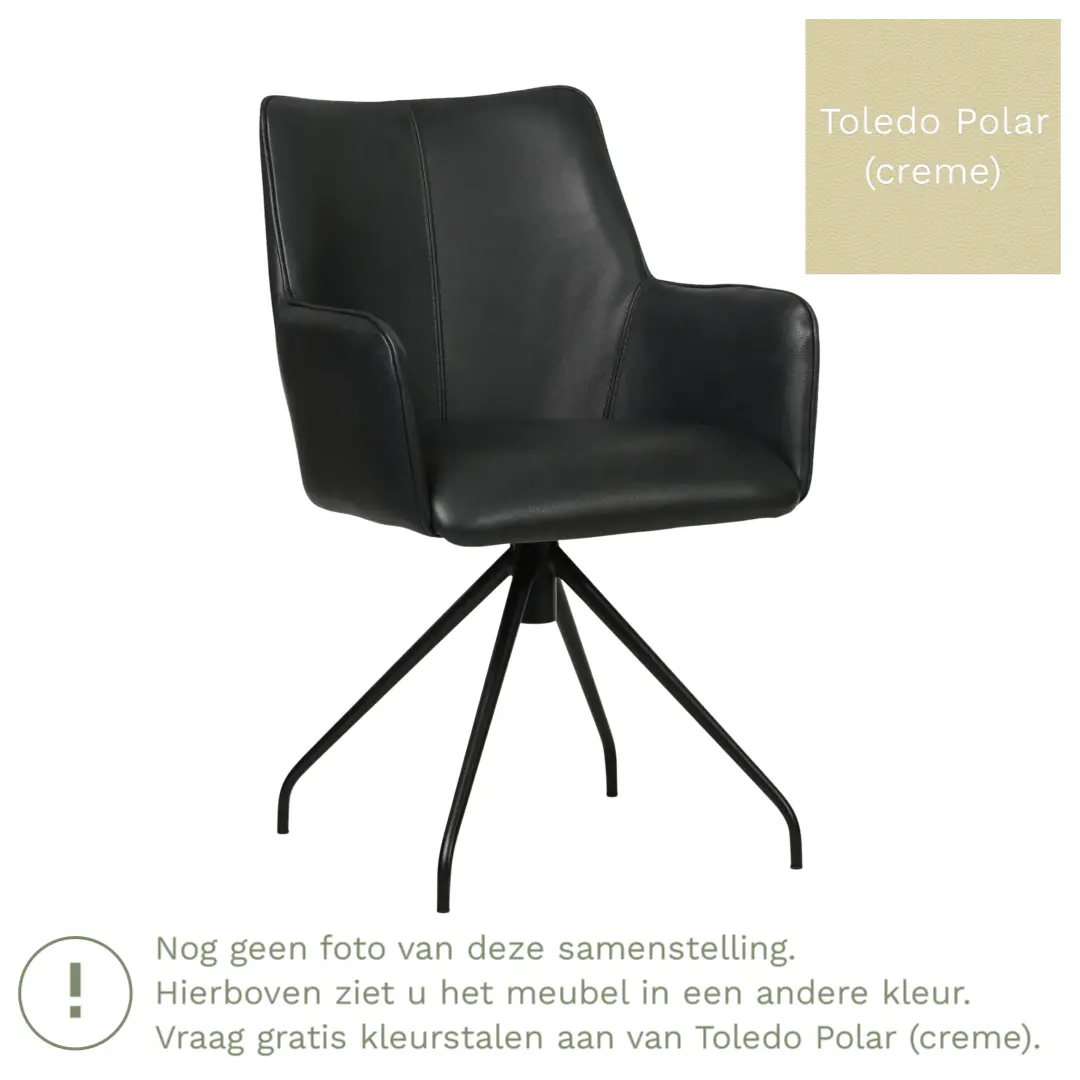 afbeelding van Leren draaibare eetkamerstoel Wave - Toledo Polar (crème) - Spinpoot staal rond zwart