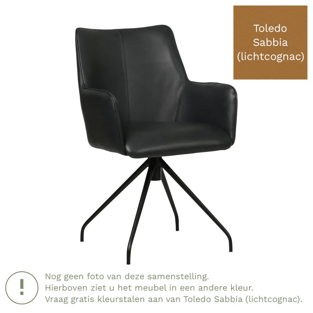 afbeelding van Leren draaibare eetkamerstoel Wave - Toledo Sabbia (lichtcognac) - Spinpoot staal rond zwart