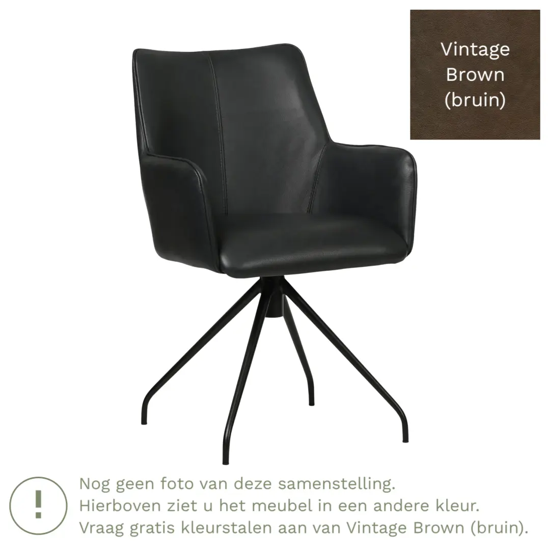 afbeelding van Leren draaibare eetkamerstoel Wave - Vintage Brown (bruin) - Spinpoot staal rond zwart