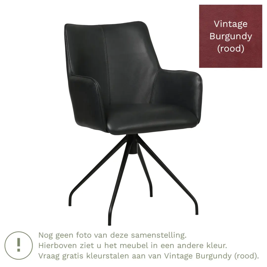 afbeelding van Leren draaibare eetkamerstoel Wave - Vintage Burgundy (rood) - Spinpoot staal rond zwart