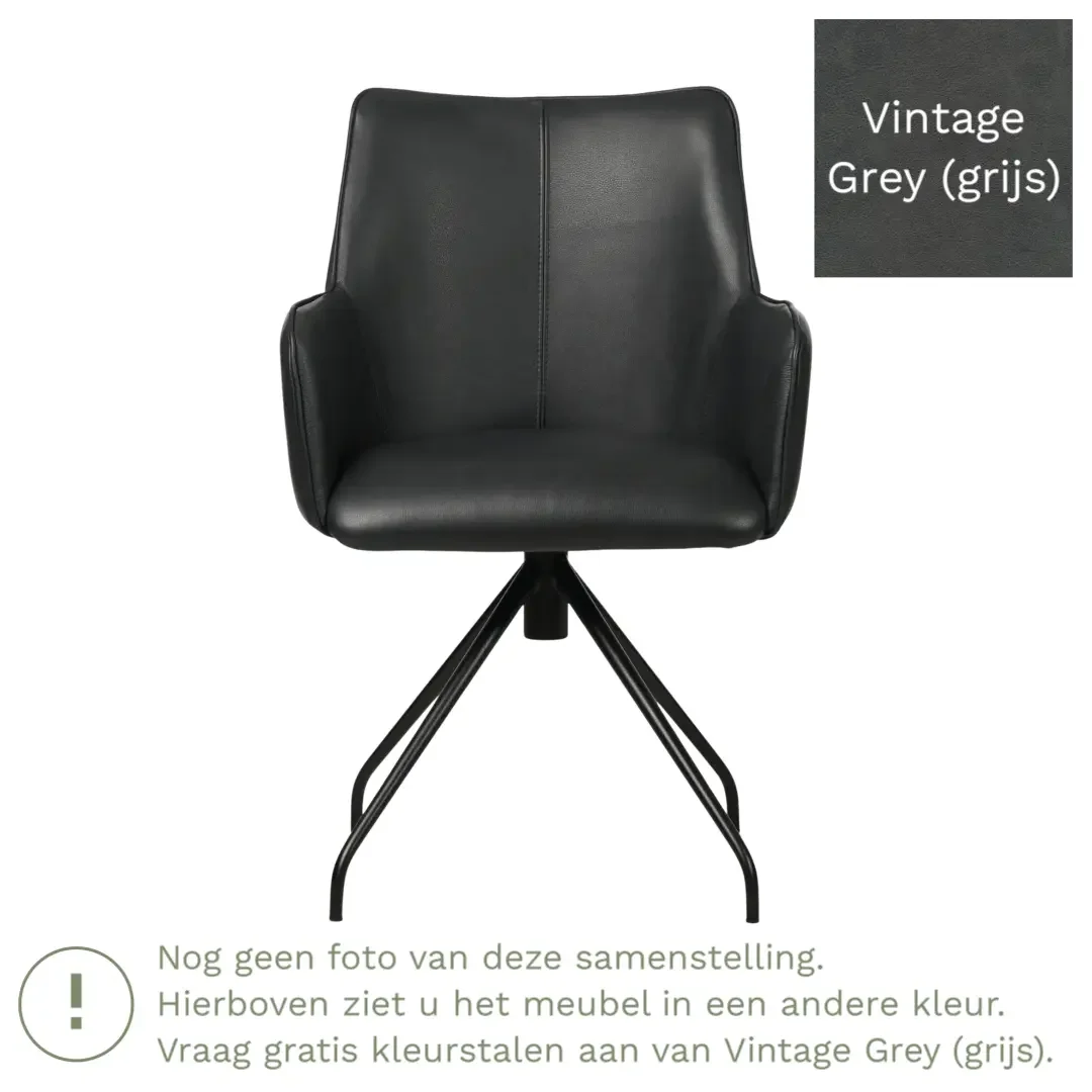afbeelding van Leren draaibare eetkamerstoel Wave - Vintage Grey (grijs) - Spinpoot staal rond zwart