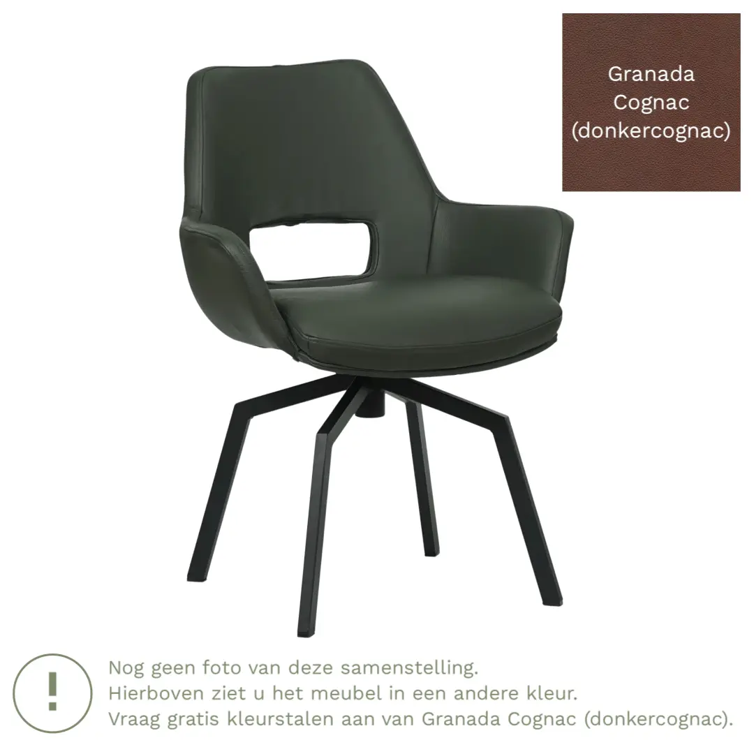 afbeelding van Leren draaibare eetkamerstoel Zippy - Granada Cognac (donkercognac) - Spinpoot staal vierkant zwart