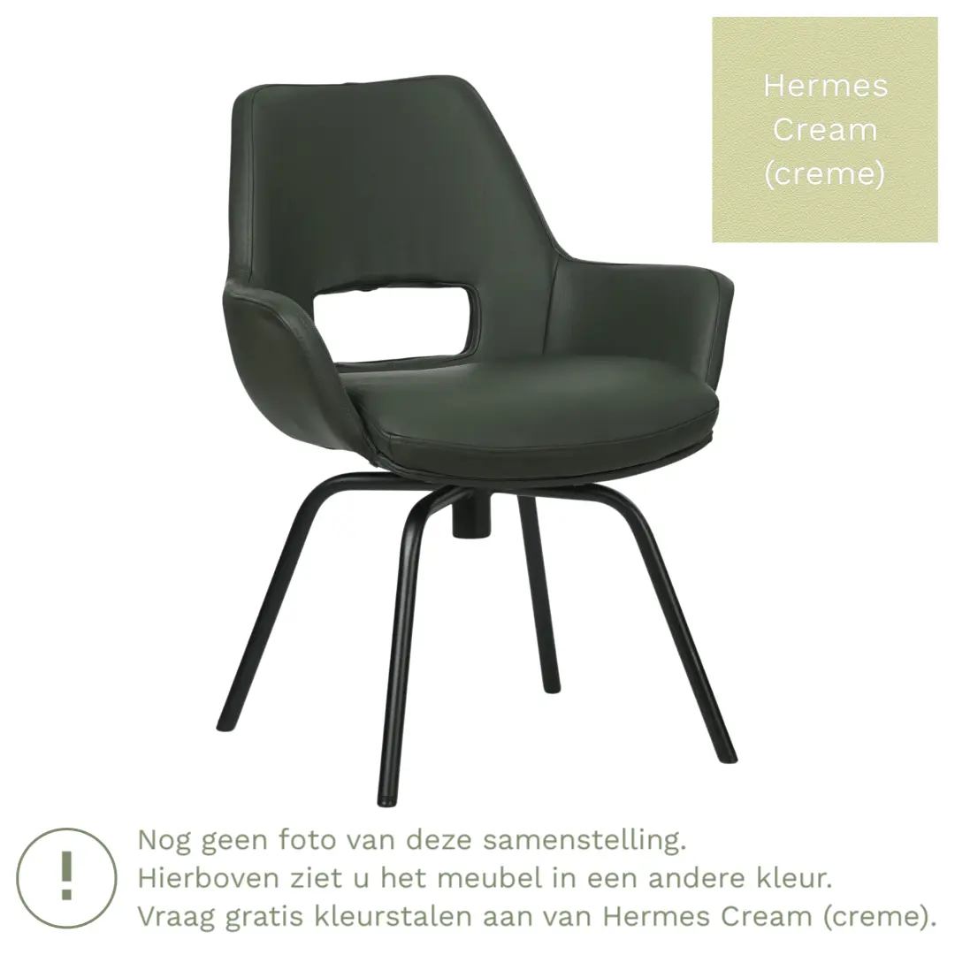 afbeelding van Leren draaibare eetkamerstoel Zippy - Hermes Cream (crème) - Spinpoot staal rond zwart