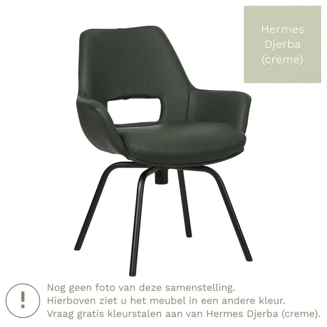 afbeelding van Leren draaibare eetkamerstoel Zippy - Hermes Djerba (crème) - Spinpoot staal rond zwart