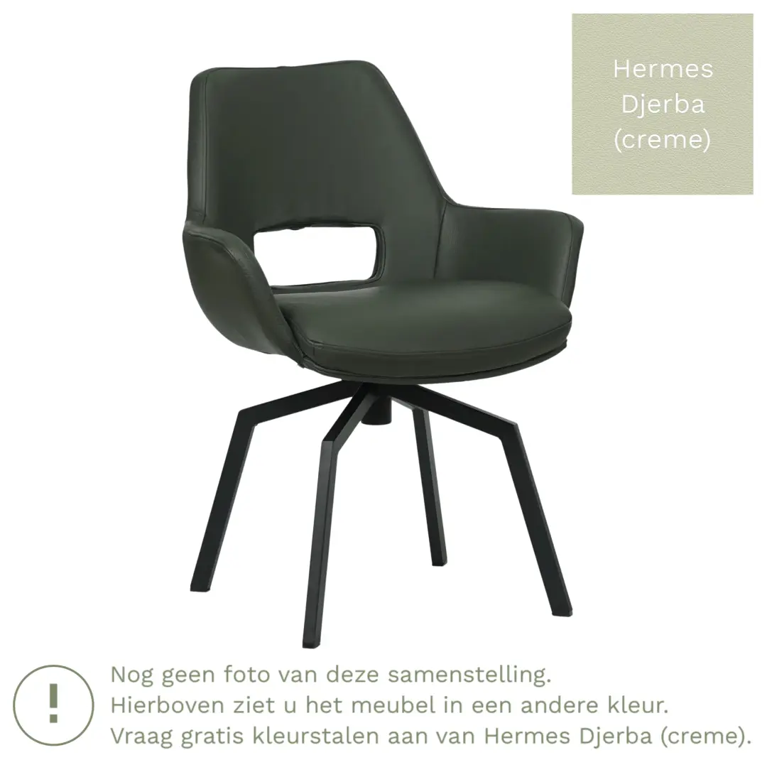 afbeelding van Leren draaibare eetkamerstoel Zippy - Hermes Djerba (crème) - Spinpoot staal vierkant zwart