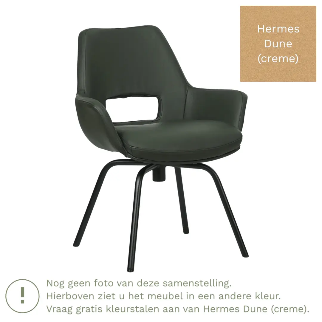 afbeelding van Leren draaibare eetkamerstoel Zippy - Hermes Dune (crème) - Spinpoot staal rond zwart