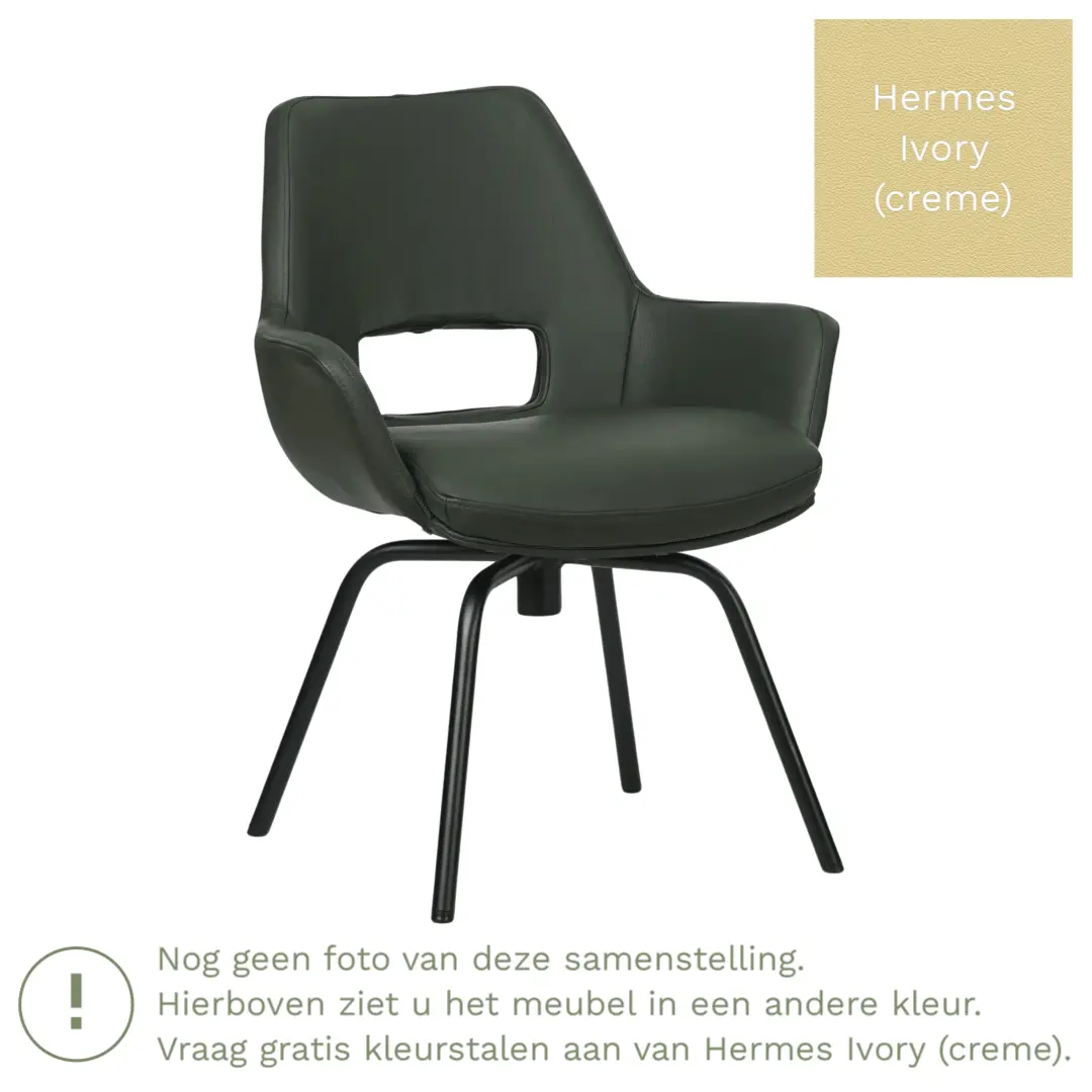 afbeelding van Leren draaibare eetkamerstoel Zippy - Hermes Ivory (crème) - Spinpoot staal rond zwart