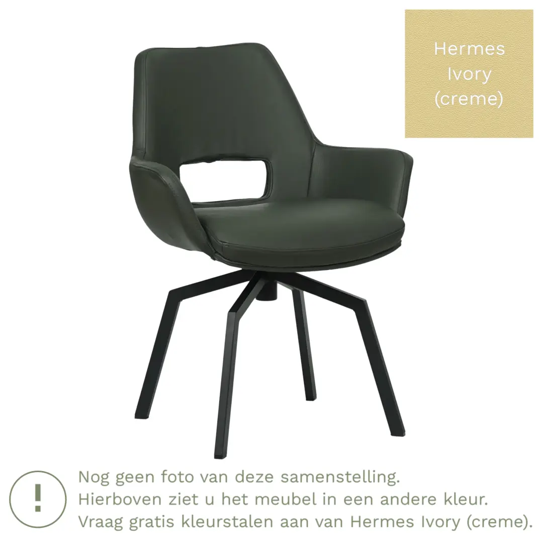 afbeelding van Leren draaibare eetkamerstoel Zippy - Hermes Ivory (crème) - Spinpoot staal vierkant zwart