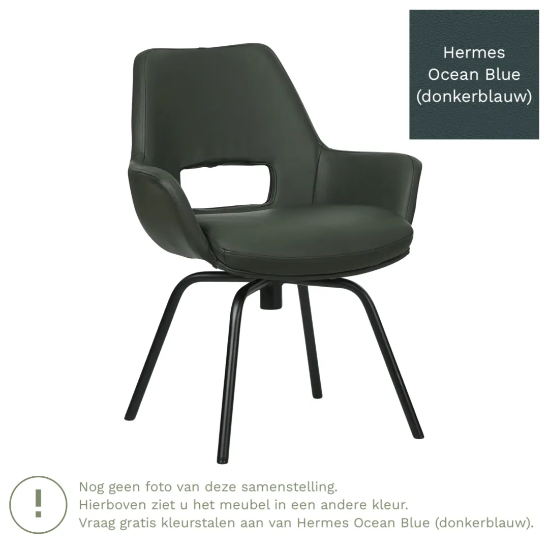 afbeelding van Leren draaibare eetkamerstoel Zippy - Hermes Ocean Blue (donkerblauw) - Spinpoot staal rond zwart
