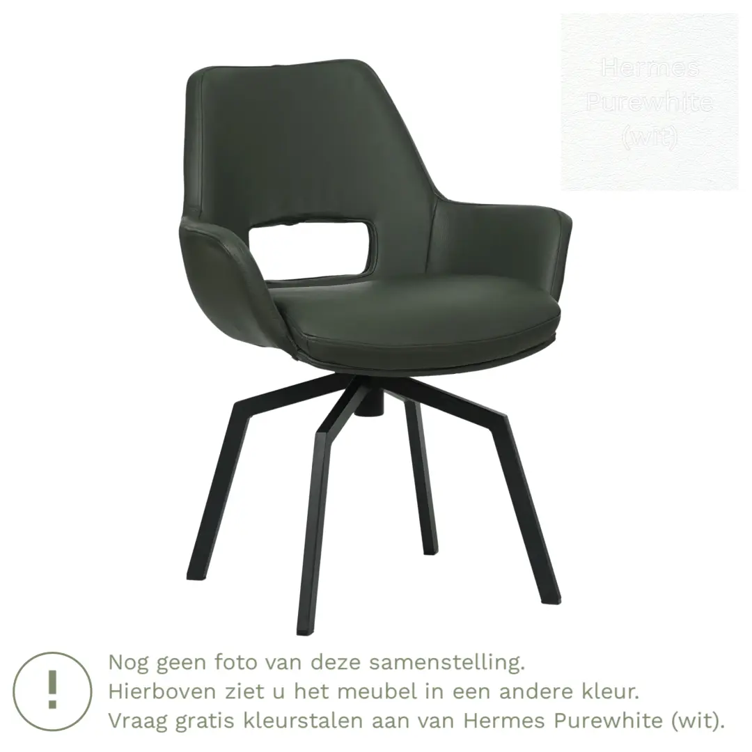 afbeelding van Leren draaibare eetkamerstoel Zippy - Hermes Purewhite (wit) - Spinpoot staal vierkant zwart