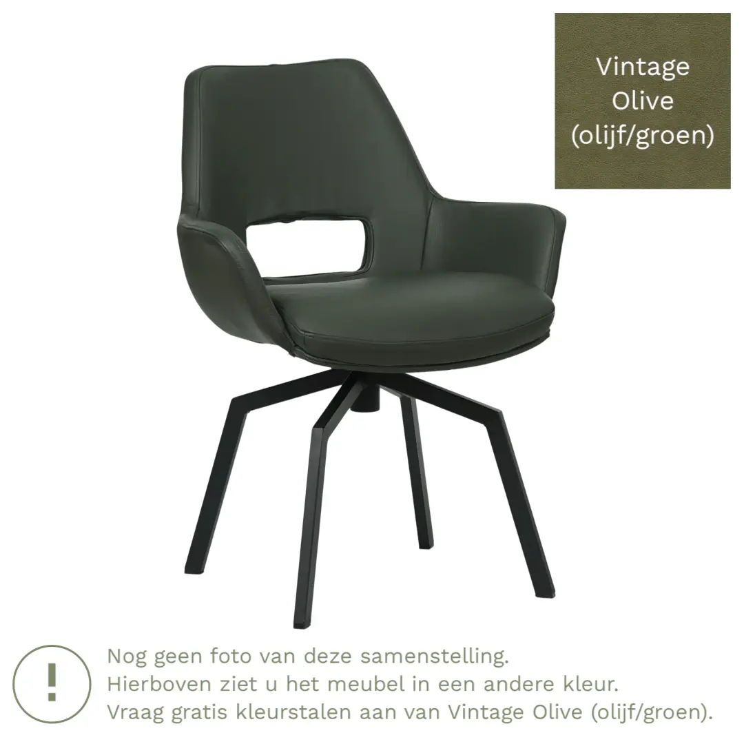 afbeelding van Leren draaibare eetkamerstoel Zippy - Vintage Olive (olijf/groen) - Spinpoot staal vierkant zwart