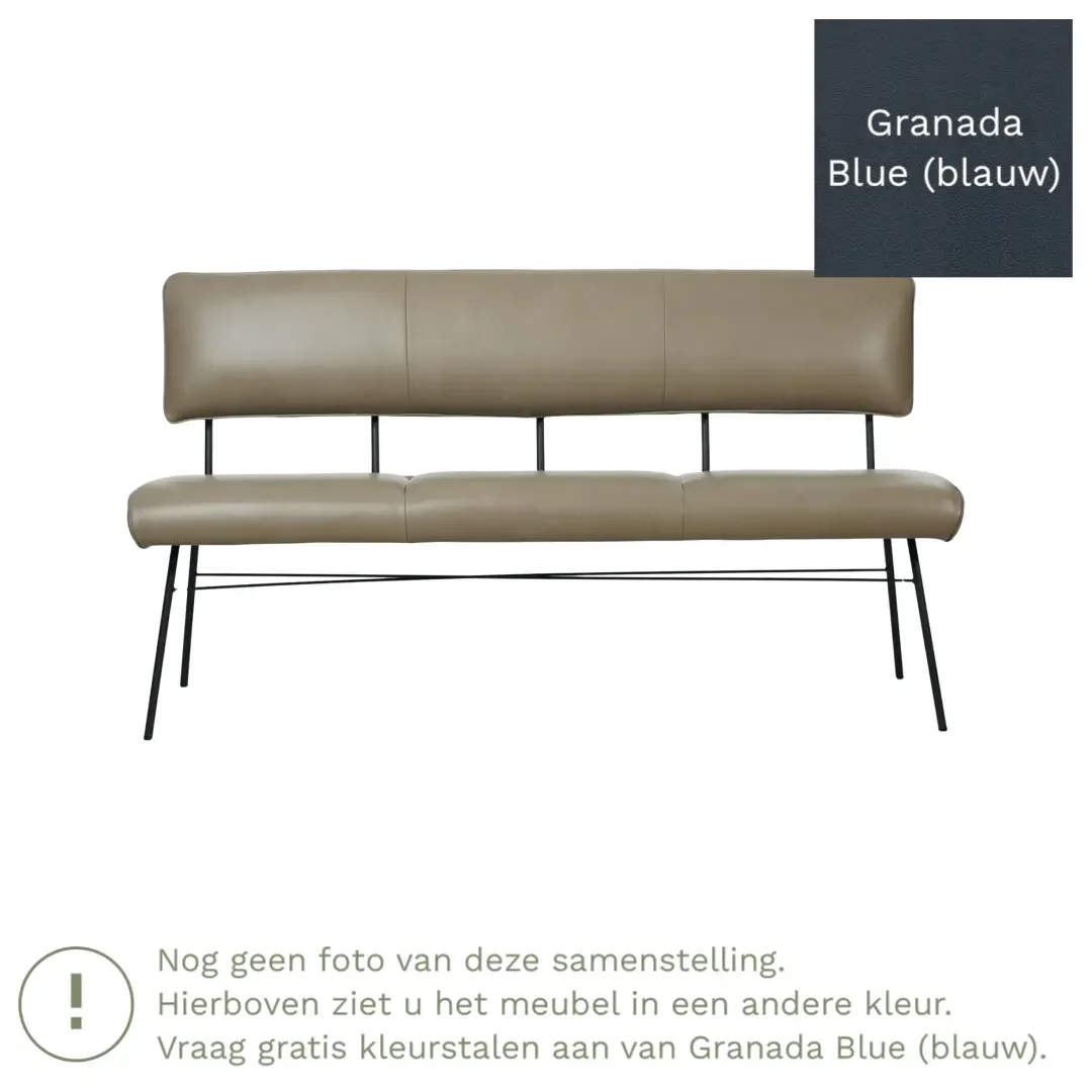 afbeelding van Leren eetkamerbank Solid - Granada Blue (blauw) - Poten staal rond zwart