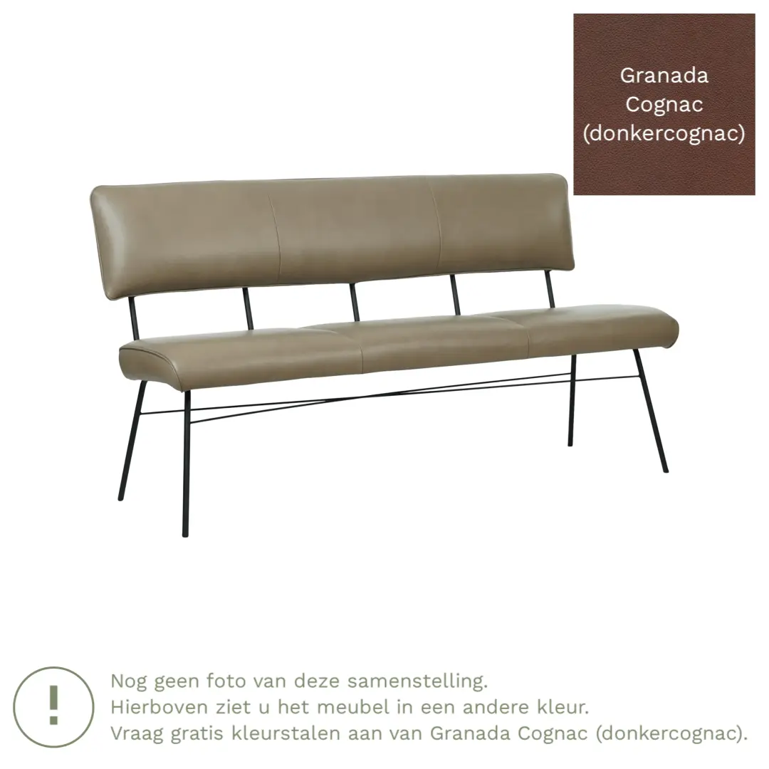 afbeelding van Leren eetkamerbank Solid - Granada Cognac (donkercognac) - Poten staal rond zwart