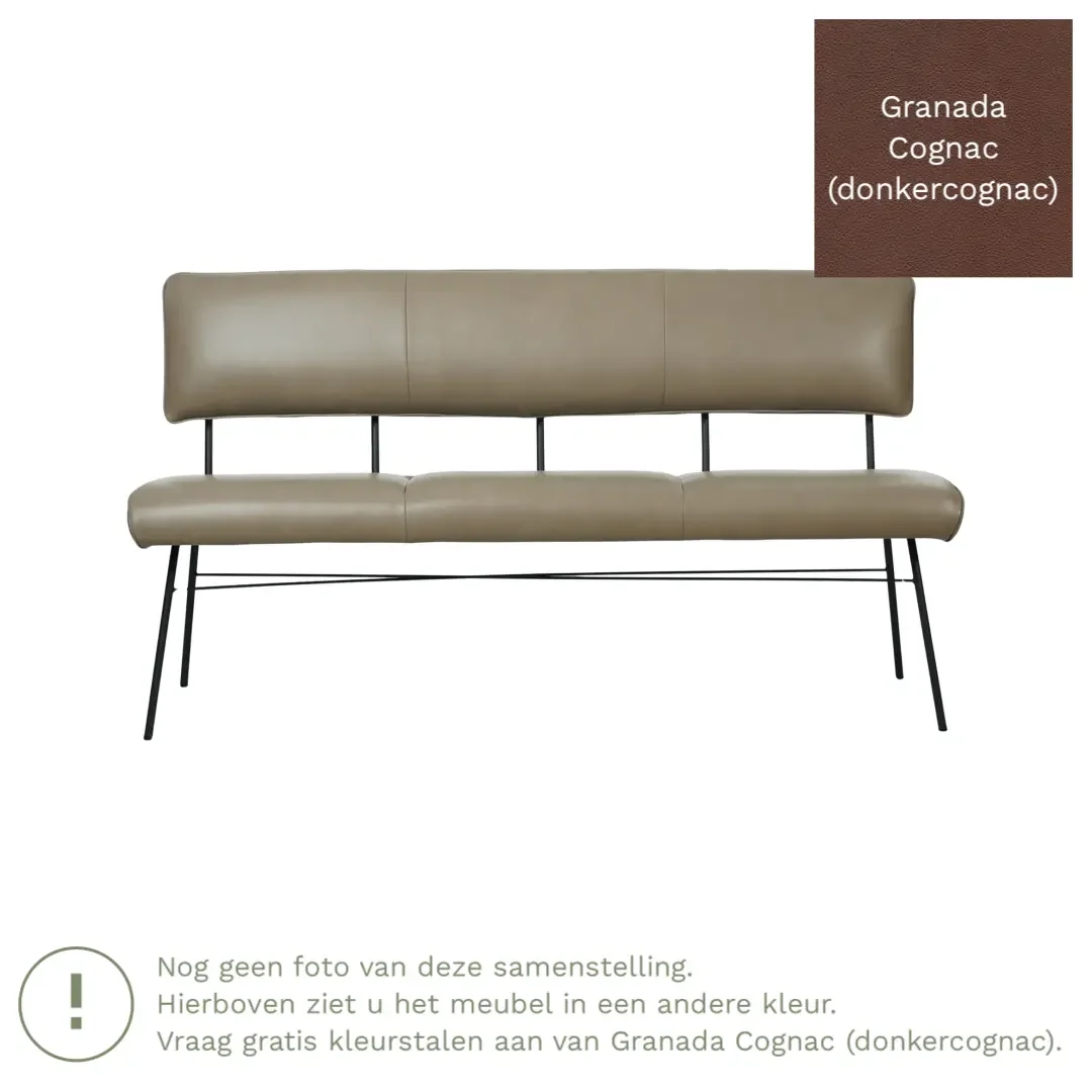 afbeelding van Leren eetkamerbank Solid - Granada Cognac (donkercognac) - Poten staal rond zwart