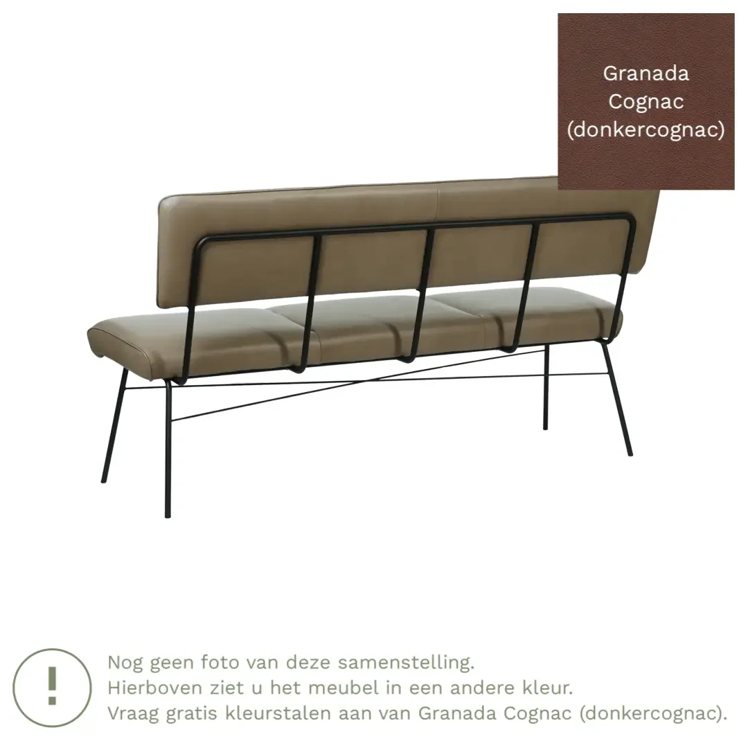 afbeelding van Leren eetkamerbank Solid - Granada Cognac (donkercognac) - Poten staal rond zwart