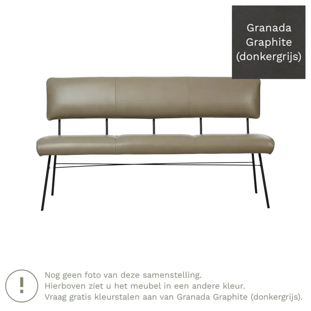 afbeelding van Leren eetkamerbank Solid - Granada Graphite (donkergrijs) - Poten staal rond zwart