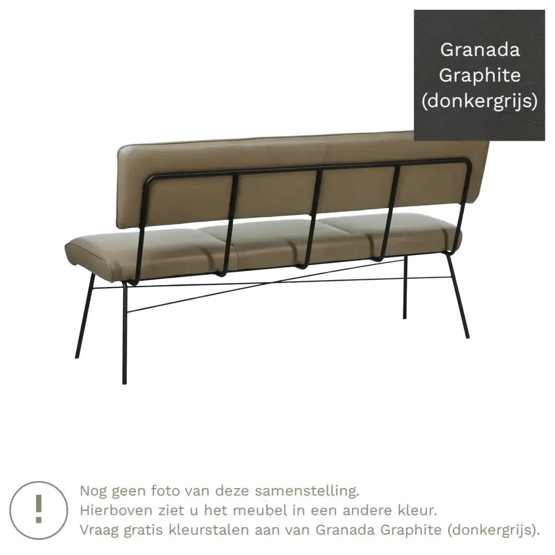 afbeelding van Leren eetkamerbank Solid - Granada Graphite (donkergrijs) - Poten staal rond zwart