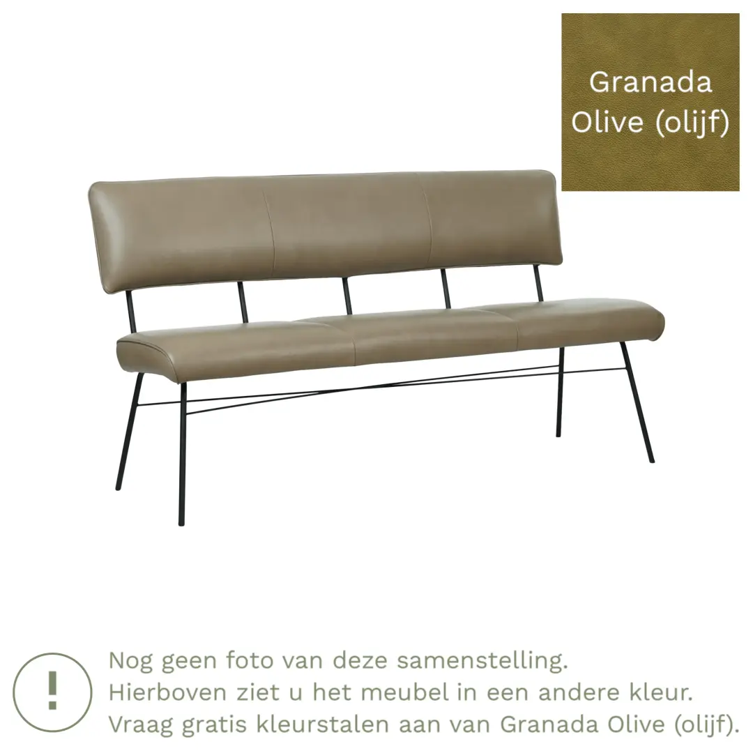 afbeelding van Leren eetkamerbank Solid - Granada Olive (olijf) - Poten staal rond zwart