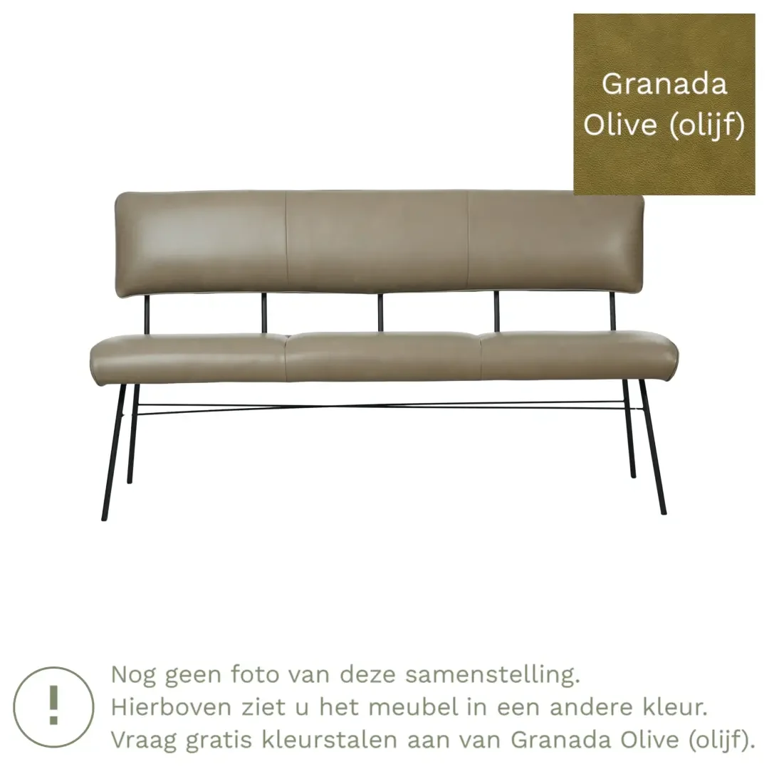 afbeelding van Leren eetkamerbank Solid - Granada Olive (olijf) - Poten staal rond zwart