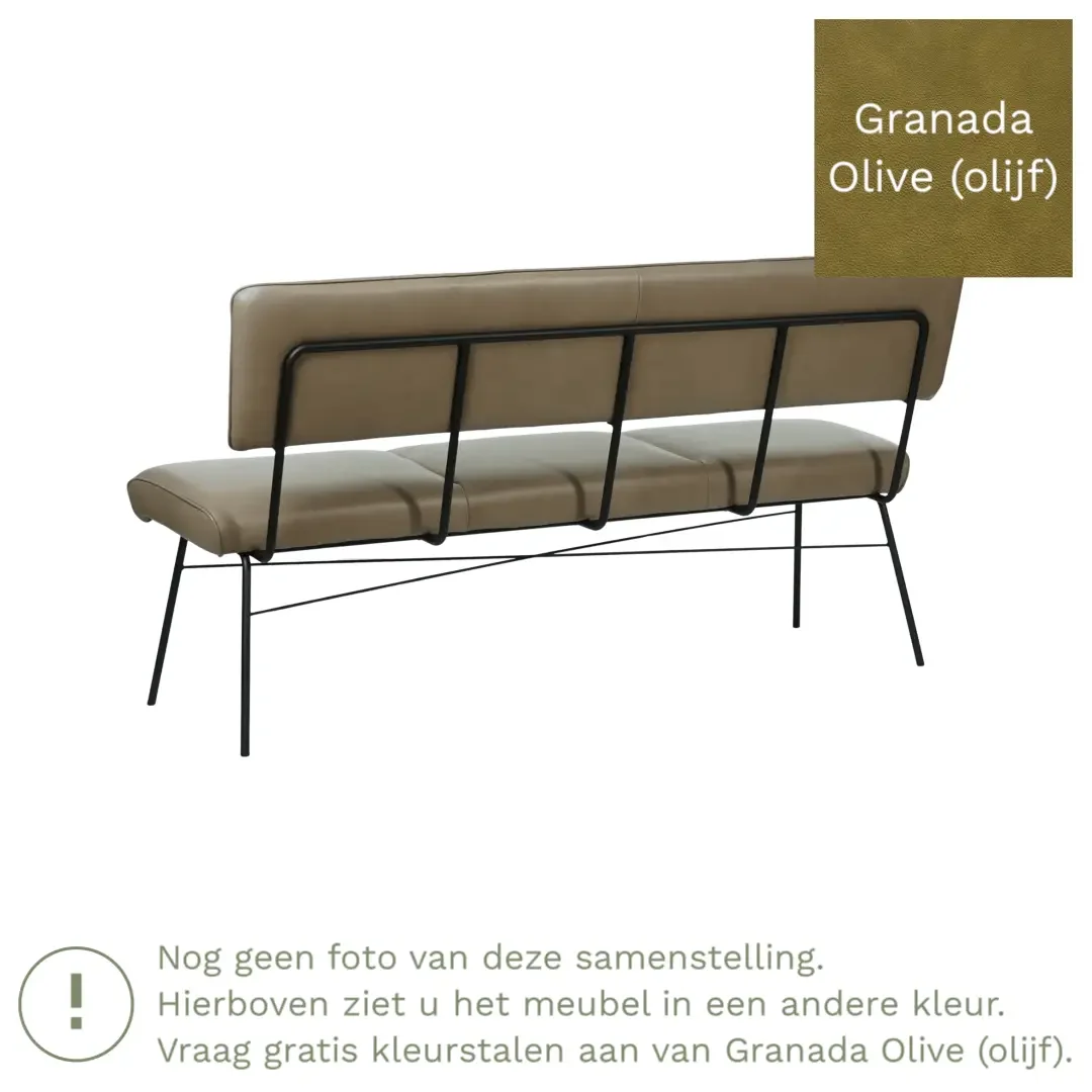 afbeelding van Leren eetkamerbank Solid - Granada Olive (olijf) - Poten staal rond zwart