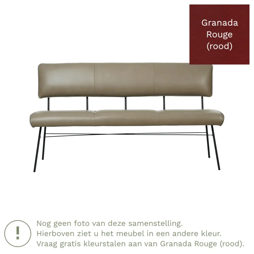 afbeelding van Leren eetkamerbank Solid - Granada Rouge (rood) - Poten staal rond zwart