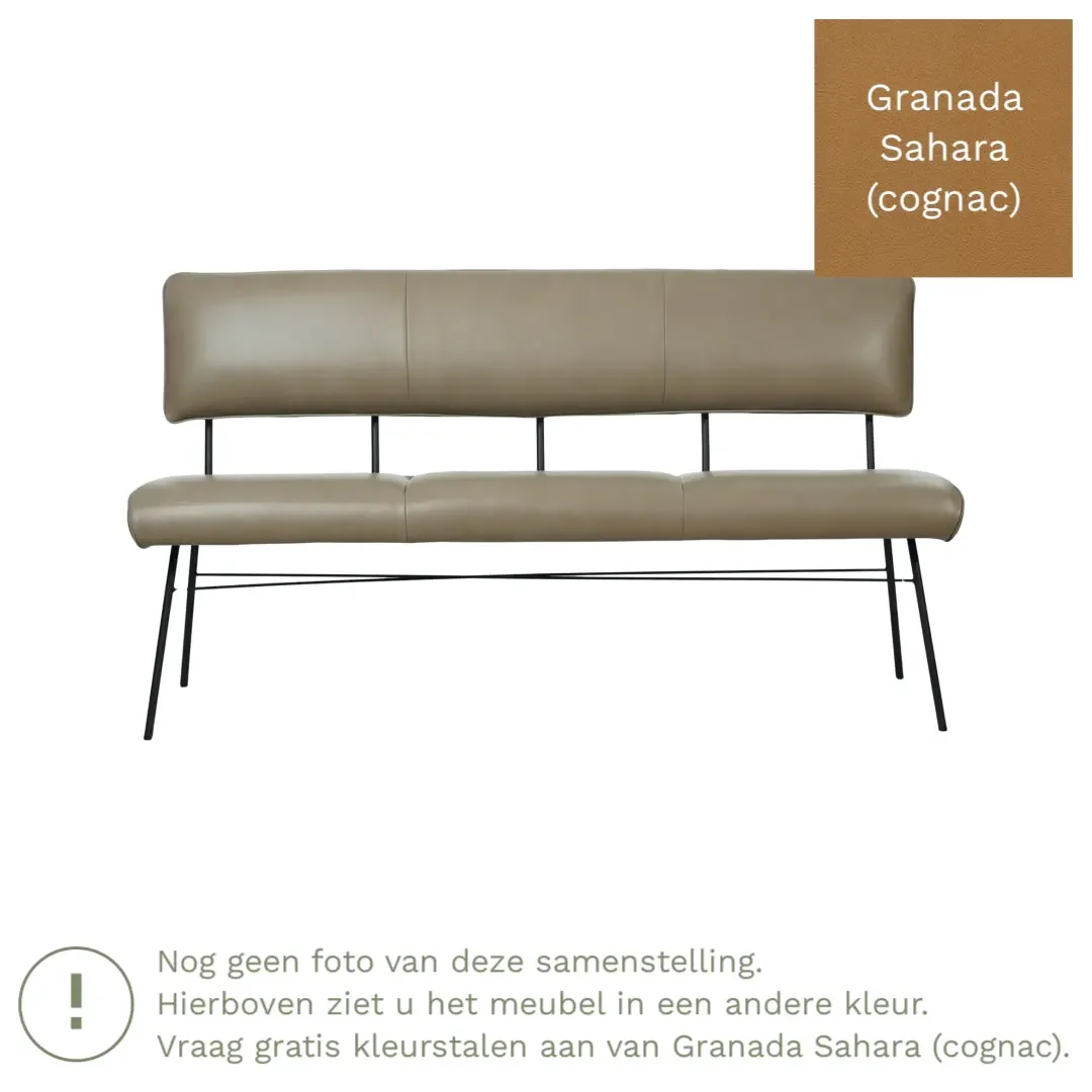 afbeelding van Leren eetkamerbank Solid - Granada Sahara (cognac) - Poten staal rond zwart