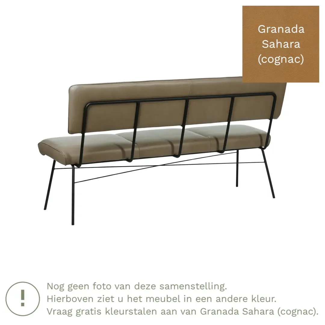 afbeelding van Leren eetkamerbank Solid - Granada Sahara (cognac) - Poten staal rond zwart