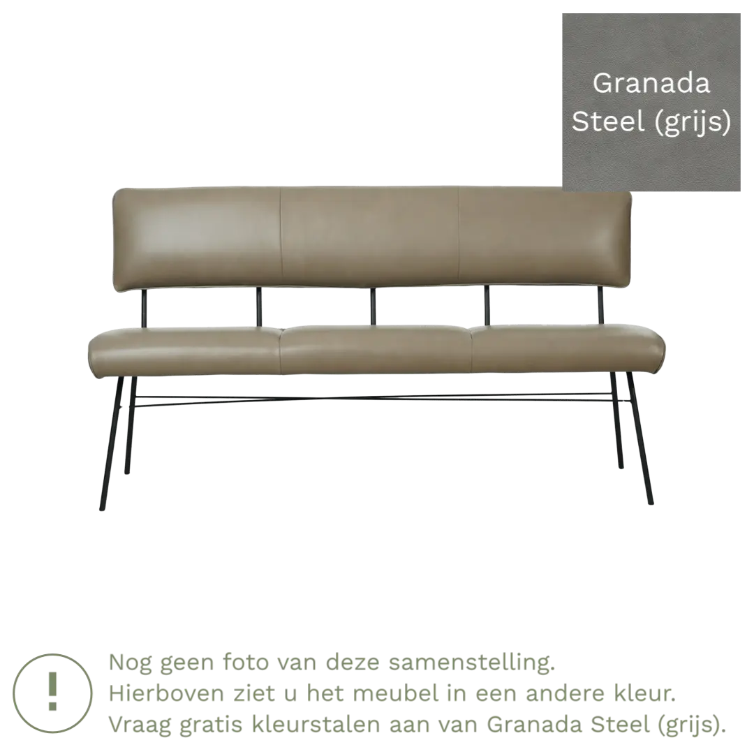 afbeelding van Leren eetkamerbank Solid - Granada Steel (grijs) - Poten staal rond zwart