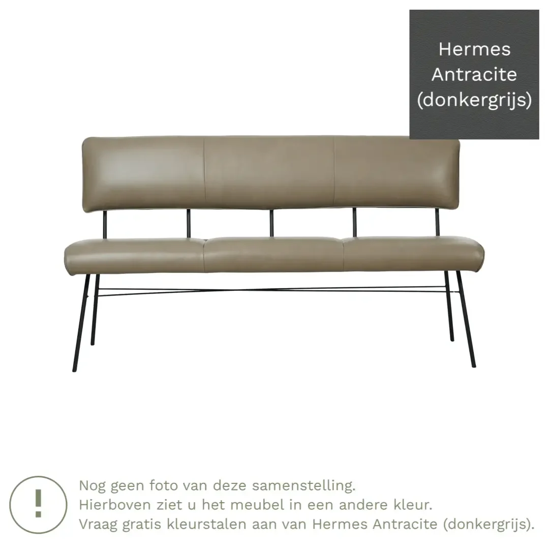 afbeelding van Leren eetkamerbank Solid - Hermes Antracite (donkergrijs) - Poten staal rond zwart