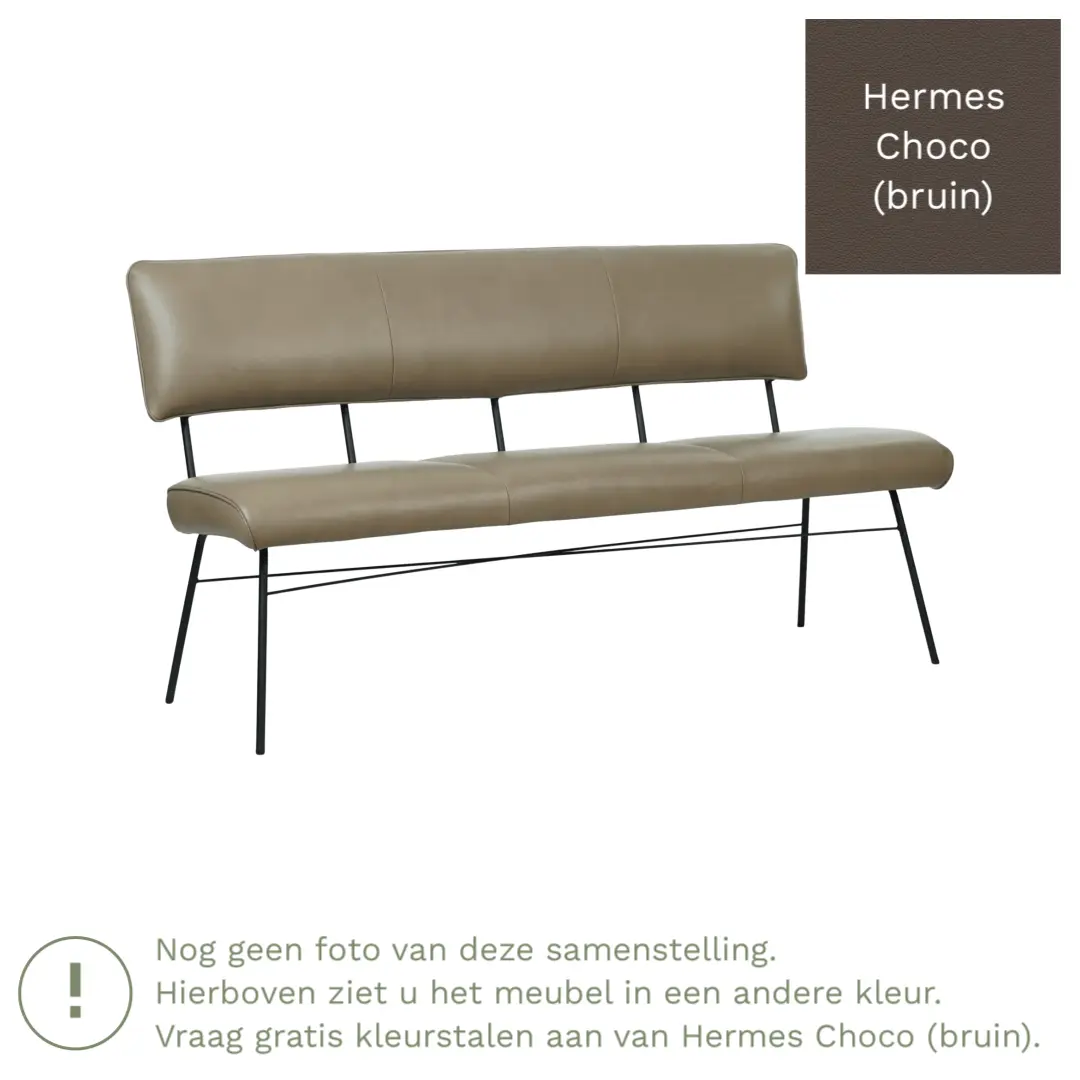 afbeelding van Leren eetkamerbank Solid - Hermes Choco (bruin) - Poten staal rond zwart