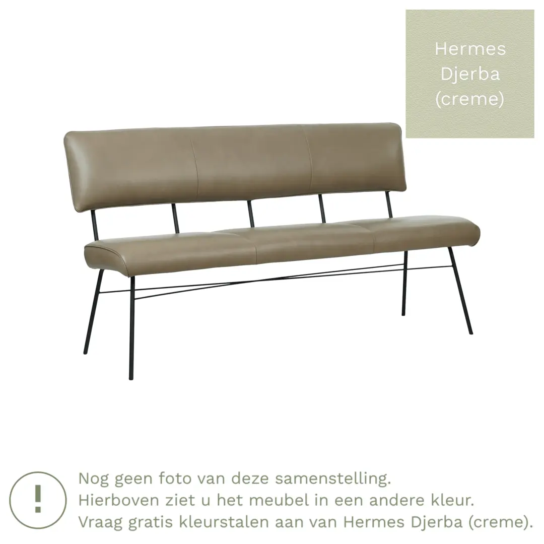 afbeelding van Leren eetkamerbank Solid - Hermes Djerba (crème) - Poten staal rond zwart