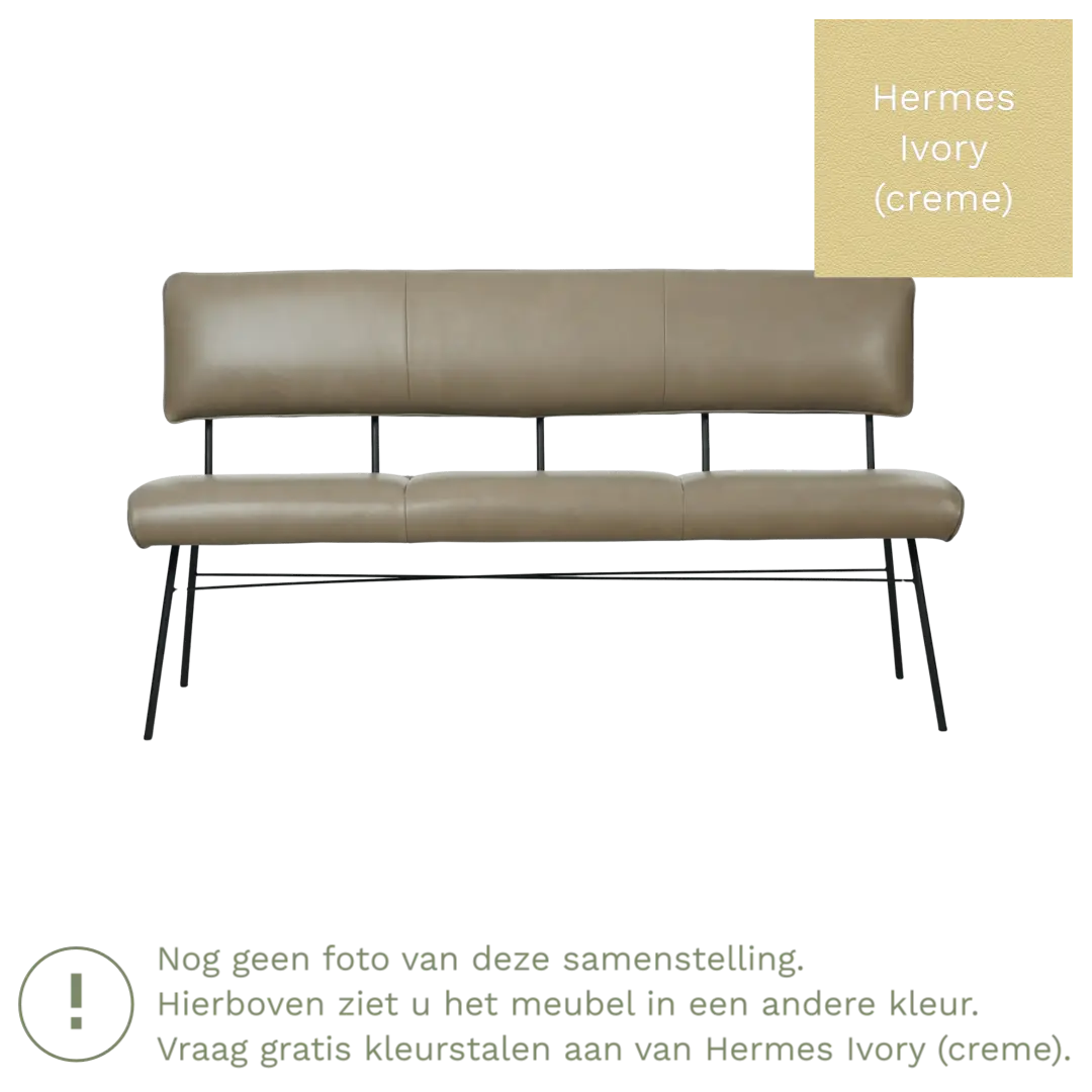 afbeelding van Leren eetkamerbank Solid - Hermes Ivory (crème) - Poten staal rond zwart
