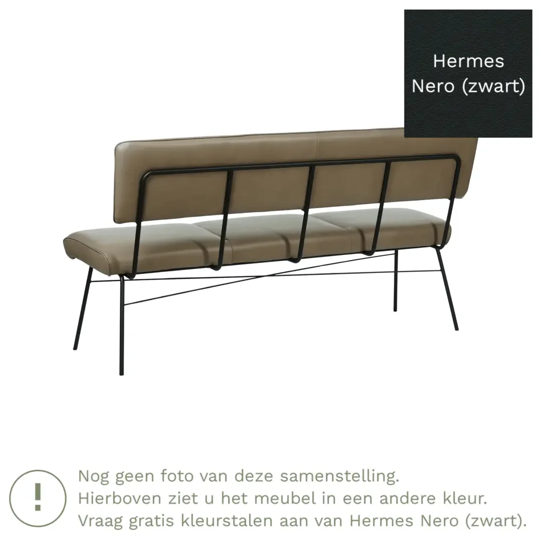 afbeelding van Leren eetkamerbank Solid - Hermes Nero (zwart) - Poten staal rond zwart