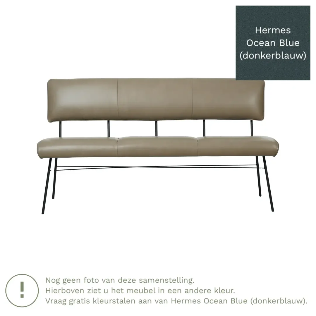 afbeelding van Leren eetkamerbank Solid - Hermes Ocean Blue (donkerblauw) - Poten staal rond zwart