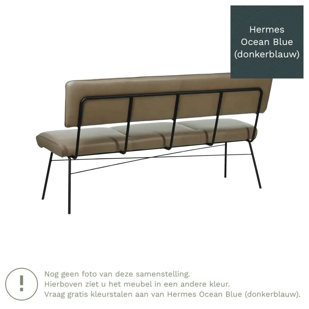 afbeelding van Leren eetkamerbank Solid - Hermes Ocean Blue (donkerblauw) - Poten staal rond zwart