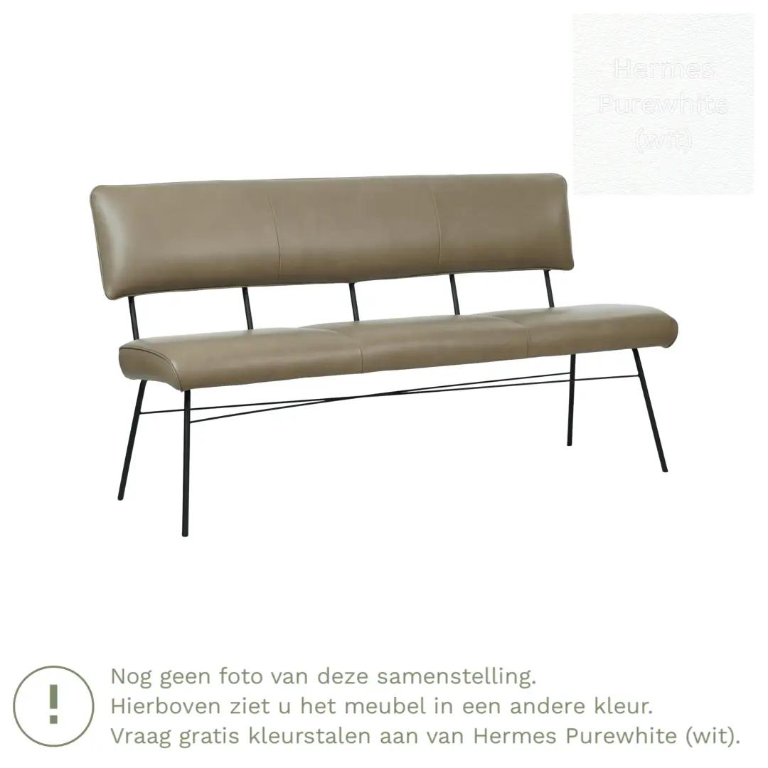 afbeelding van Leren eetkamerbank Solid - Hermes Purewhite (wit) - Poten staal rond zwart
