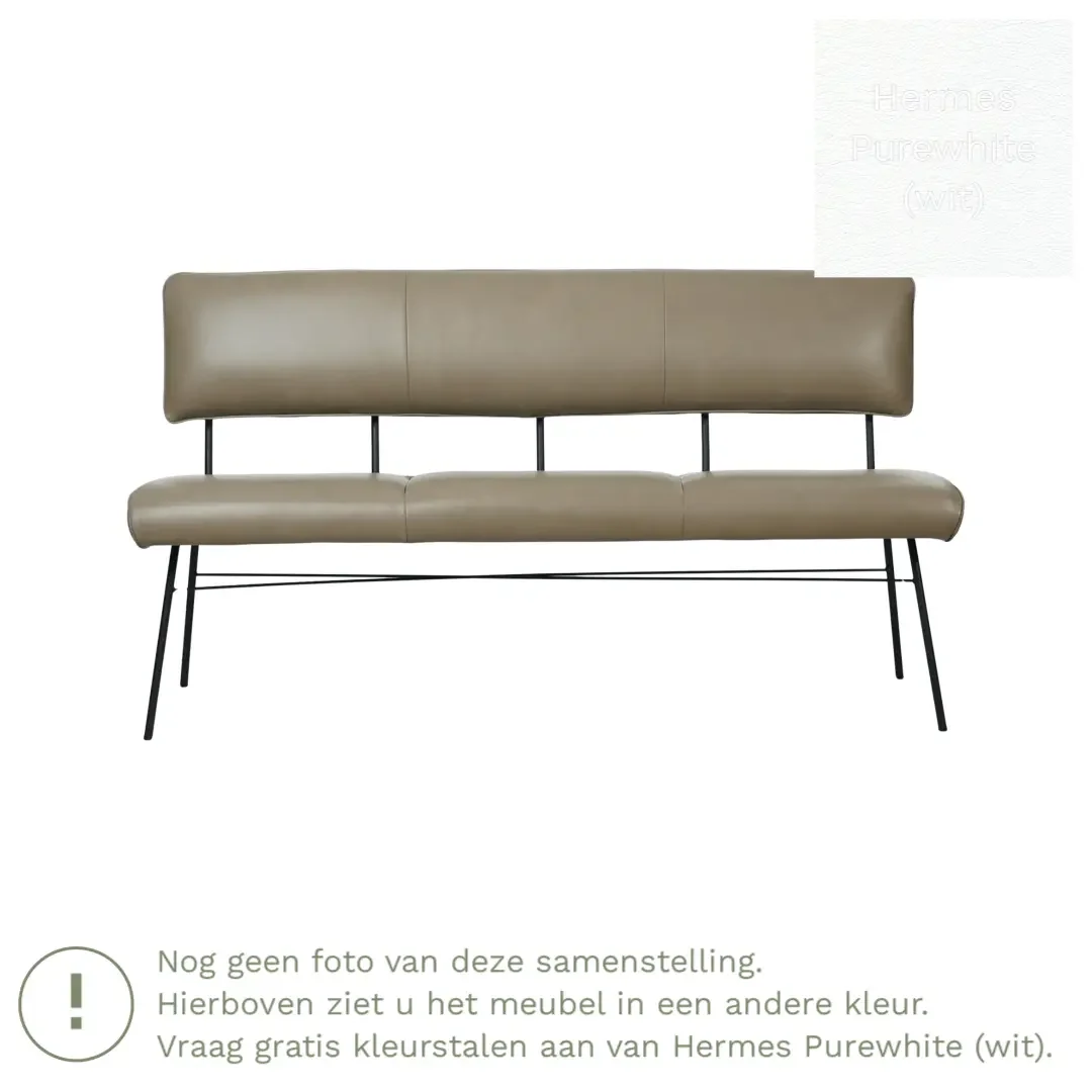 afbeelding van Leren eetkamerbank Solid - Hermes Purewhite (wit) - Poten staal rond zwart