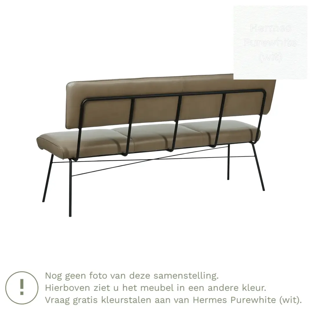 afbeelding van Leren eetkamerbank Solid - Hermes Purewhite (wit) - Poten staal rond zwart