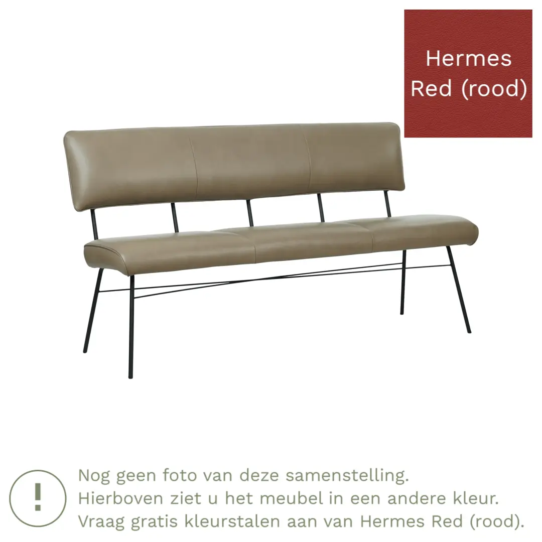 afbeelding van Leren eetkamerbank Solid - Hermes Red (rood) - Poten staal rond zwart