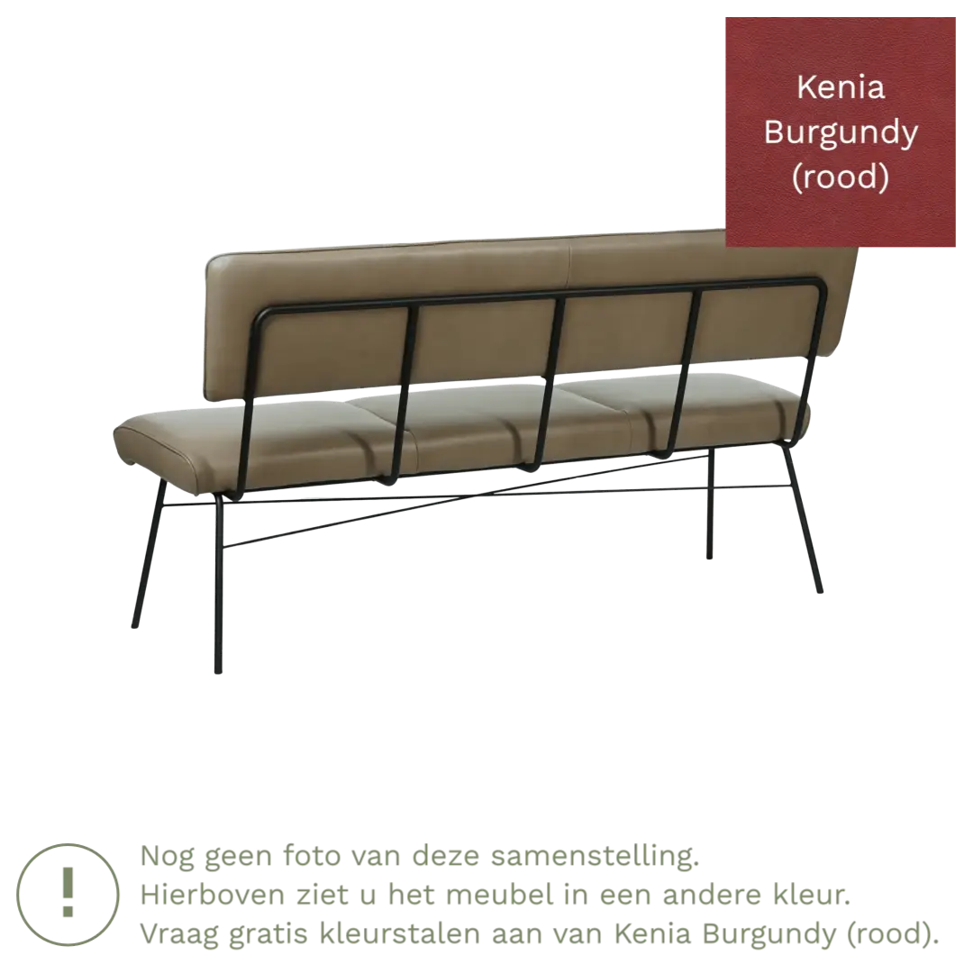 afbeelding van Leren eetkamerbank Solid - Kenia Burgundy (rood) - Poten staal rond zwart