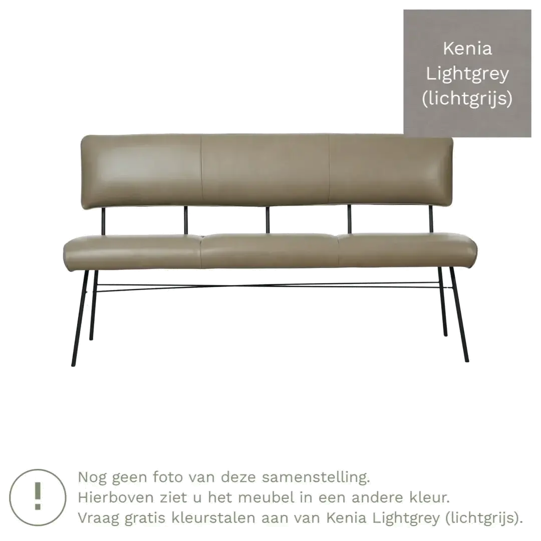 afbeelding van Leren eetkamerbank Solid - Kenia Lightgrey (lichtgrijs) - Poten staal rond zwart